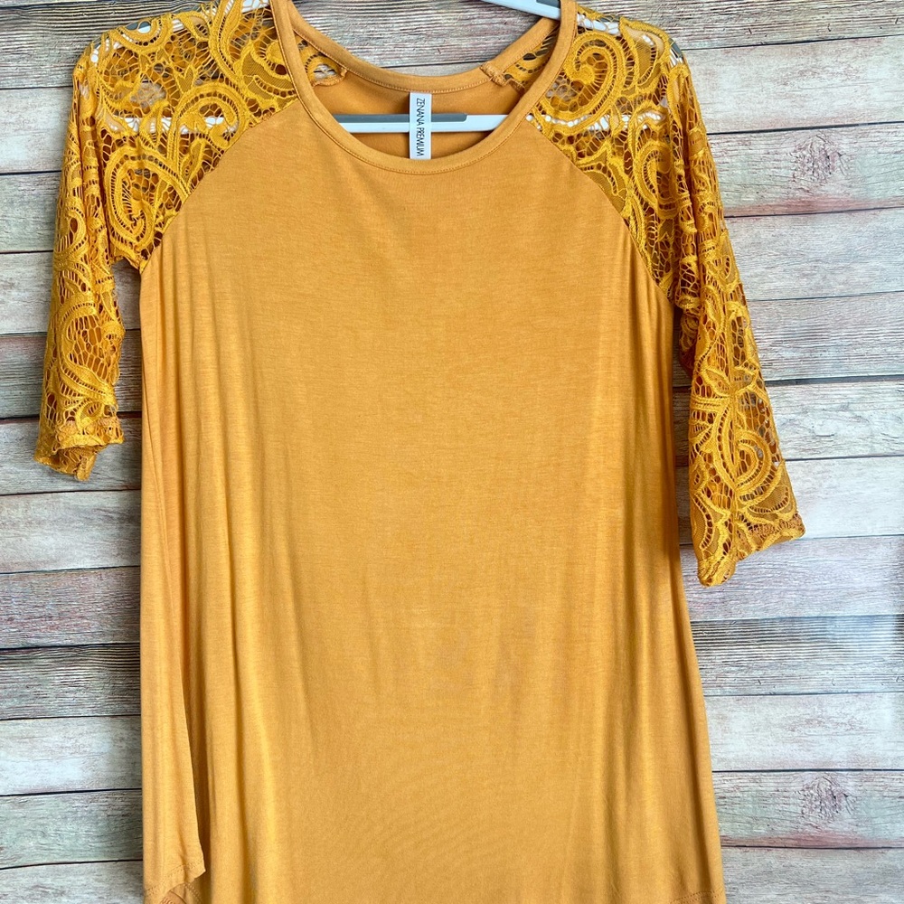 Zenana Outfitters Mustard Colored Lace Sleeve Top